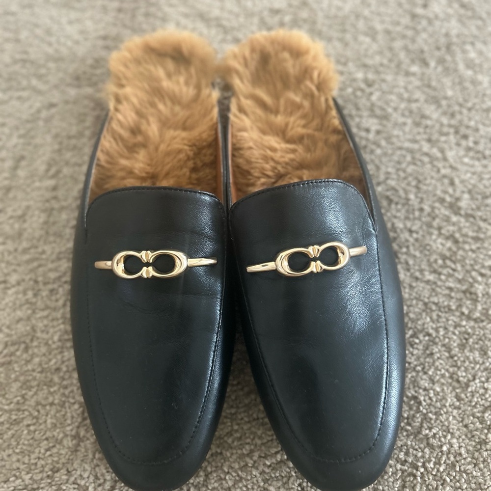 Women’s Black Leather Loafers with Gold Accent